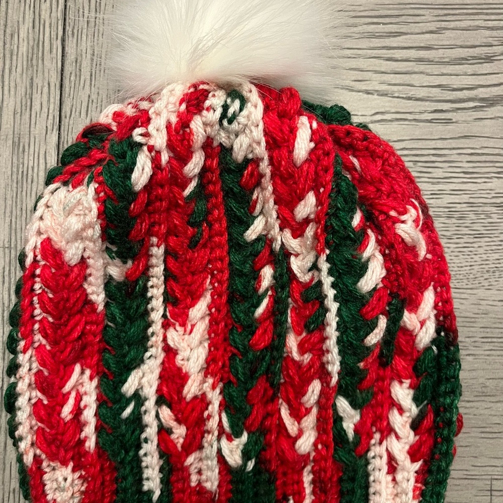 Handmade Festive Red and Green Crochet Beanie with Pom Pom